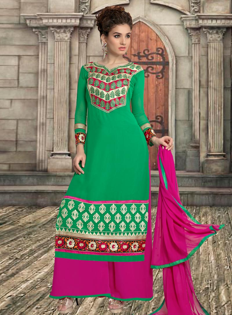 Green Georgette Kameez With Palazzo Pant 90633