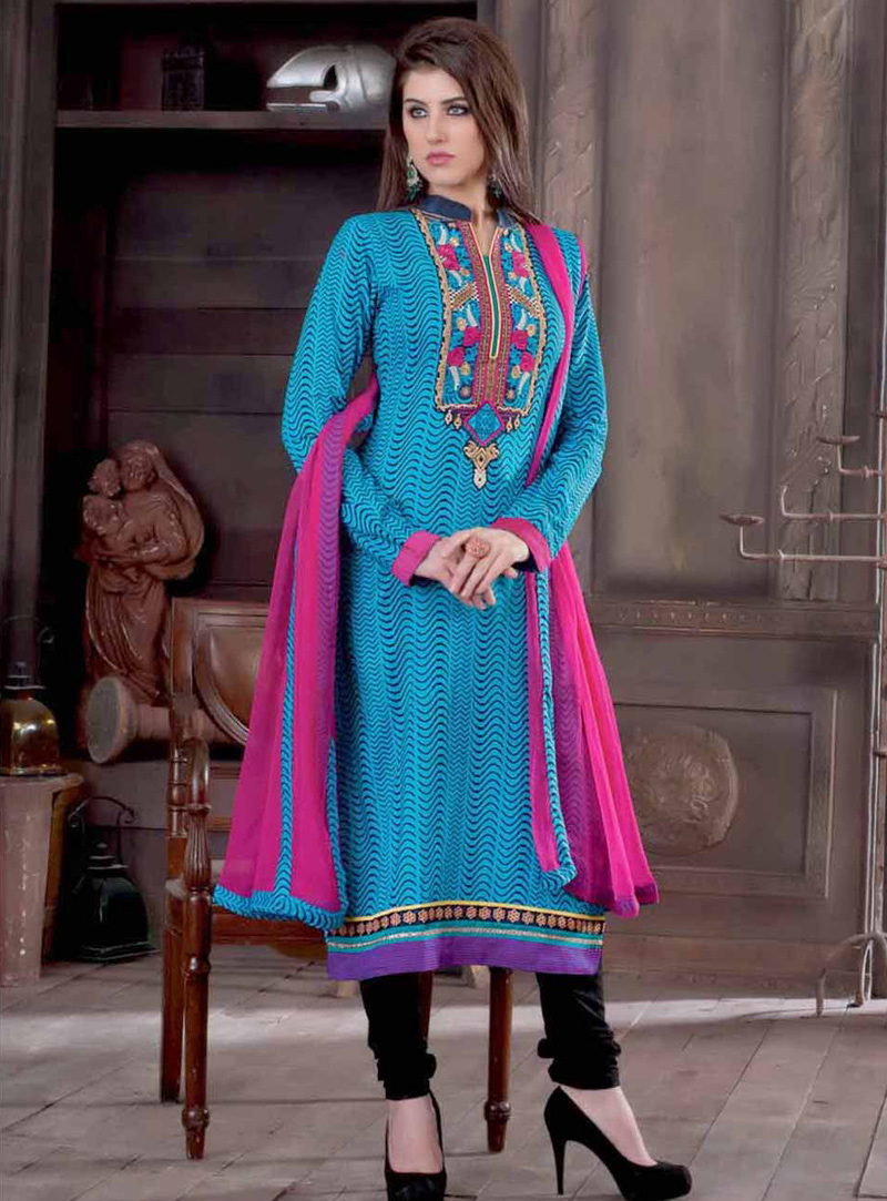 Blue Cotton Churidar Salwar Suit 94316