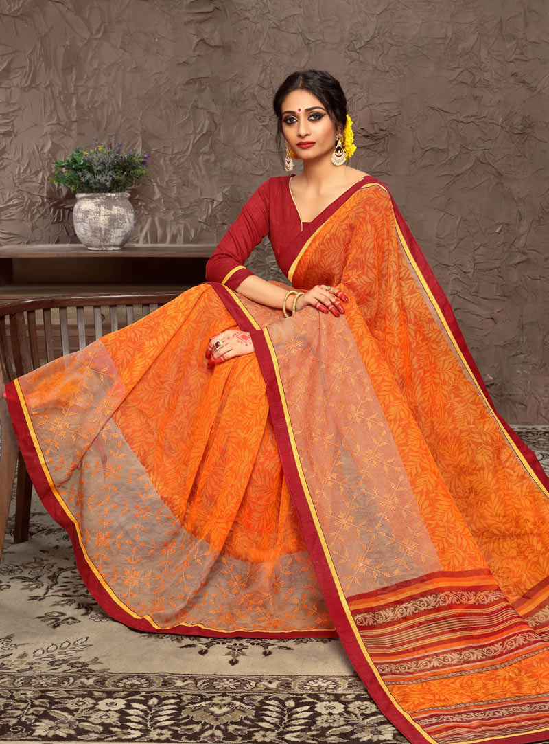Orange Cotton Printed Saree With Blouse 99561