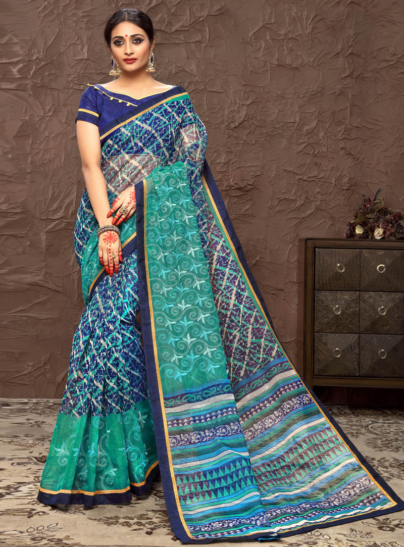 Navy Blue Cotton Printed Saree With Blouse 99563