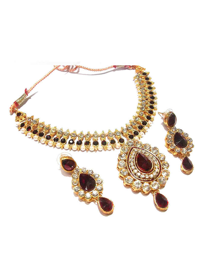 Maroon Alloy Stone Necklace With Earrings 113521