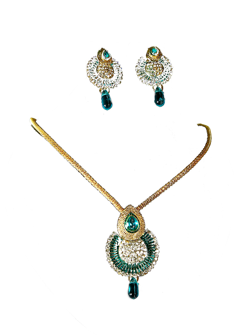 Teal Alloy Stone Necklace With Earrings 113524