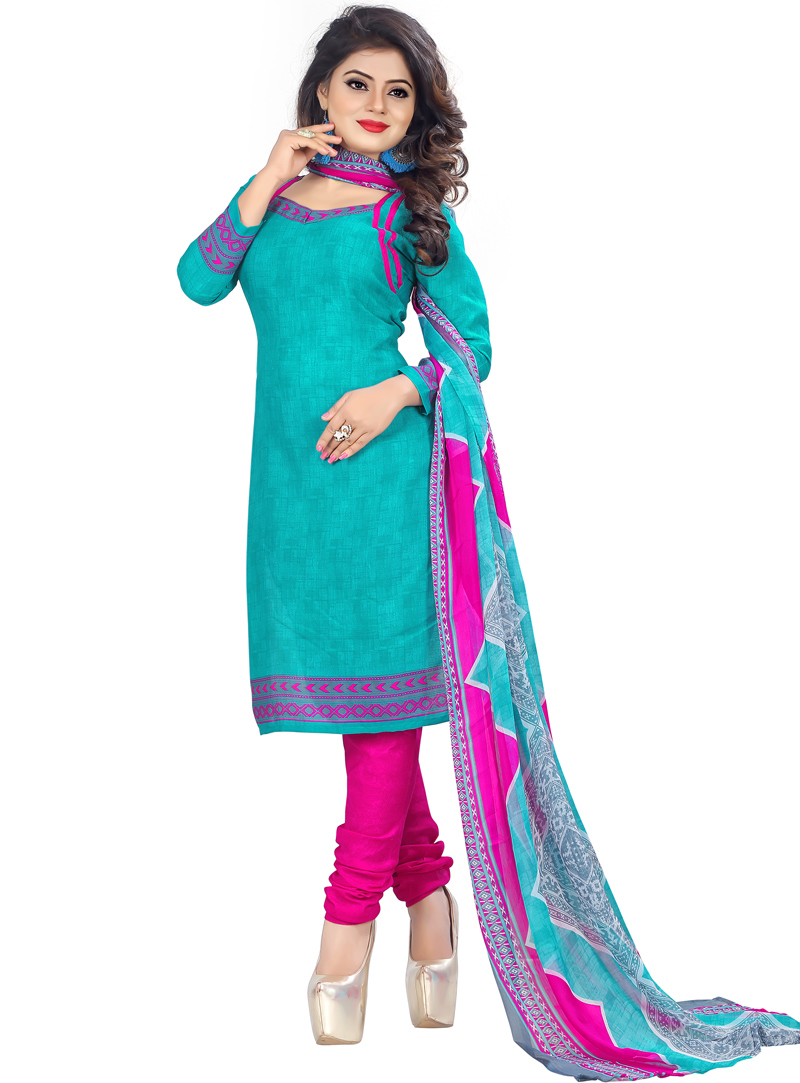 Turquoise Cotton Churidar Salwar Suit 116491