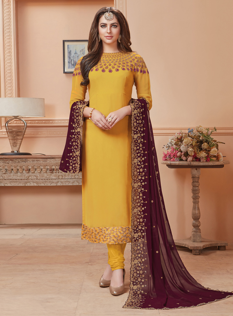 Yellow Georgette Churidar Salwar Suit 126167
