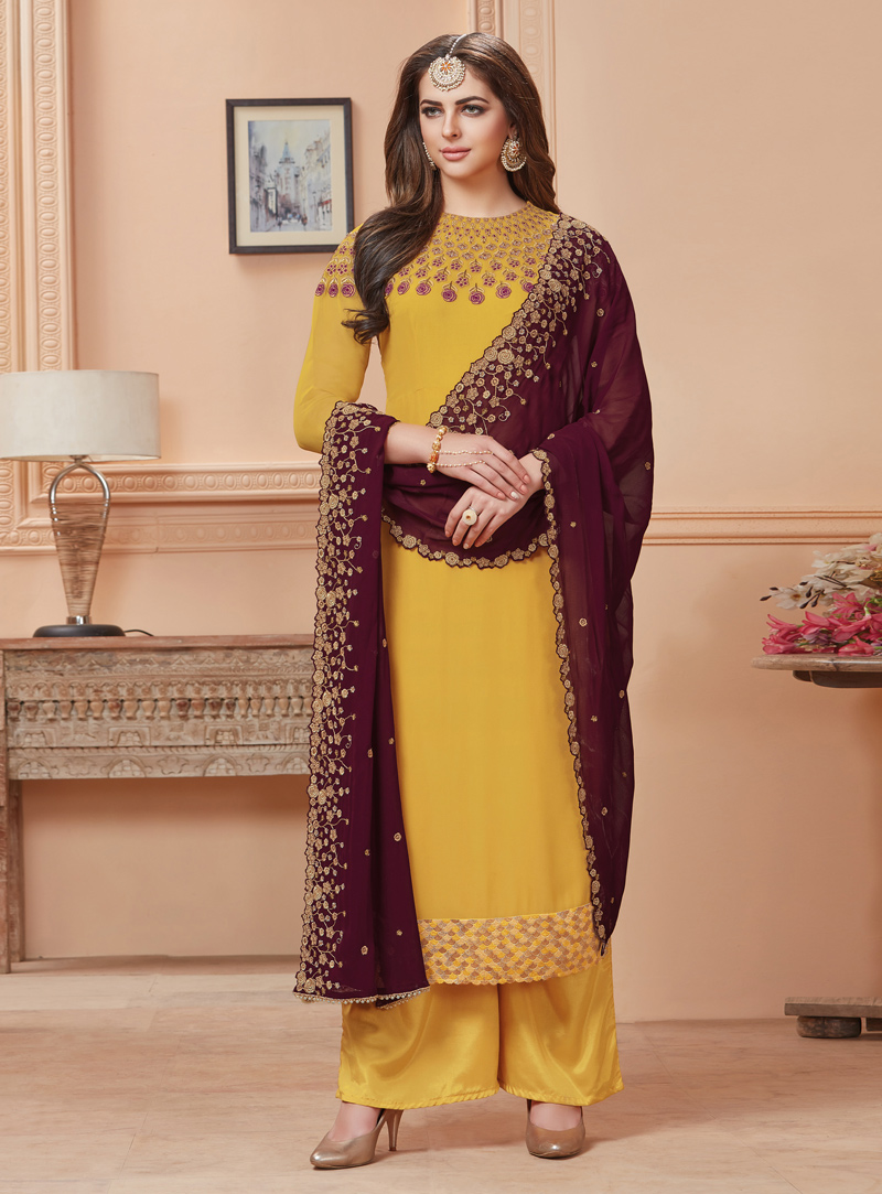 Yellow Georgette Palazzo Style Suit 126168