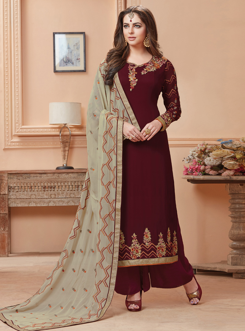 Maroon Georgette Palazzo Style Suit 126171