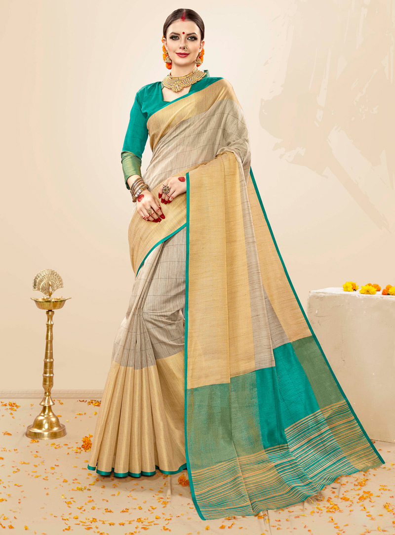 Beige Cotton Saree With Blouse 130837
