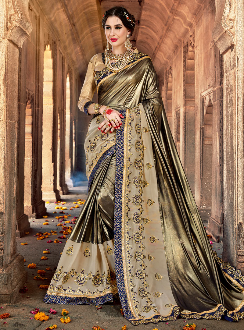 Beige Lycra Saree With Blouse 132841