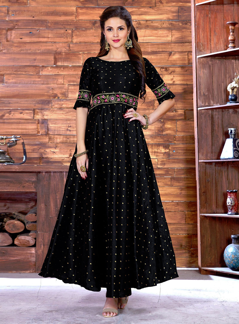 Black Art Silk Readymade Gown 138364