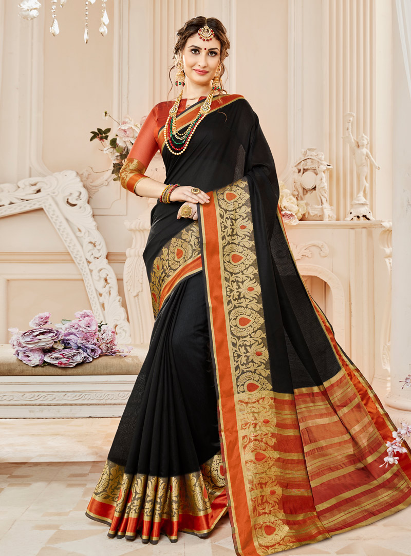 Black Cotton Silk Festival Wear Saree 140673