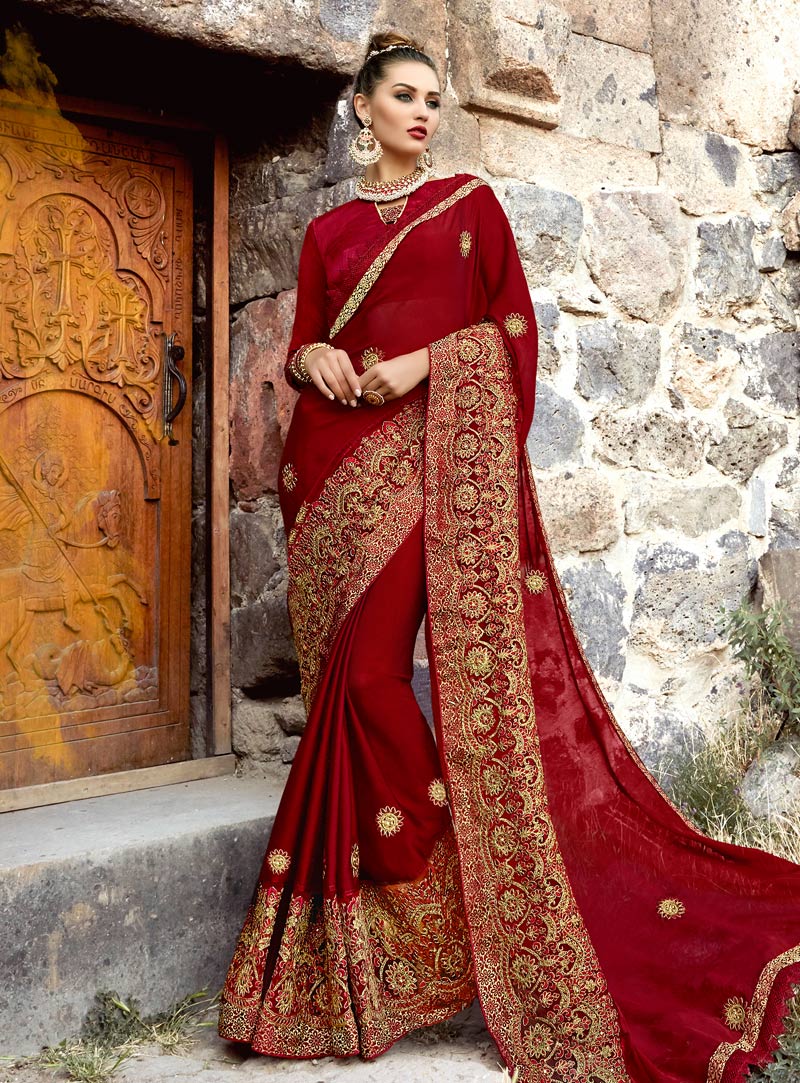 Maroon Georgette Saree With Embroidery Work 140680