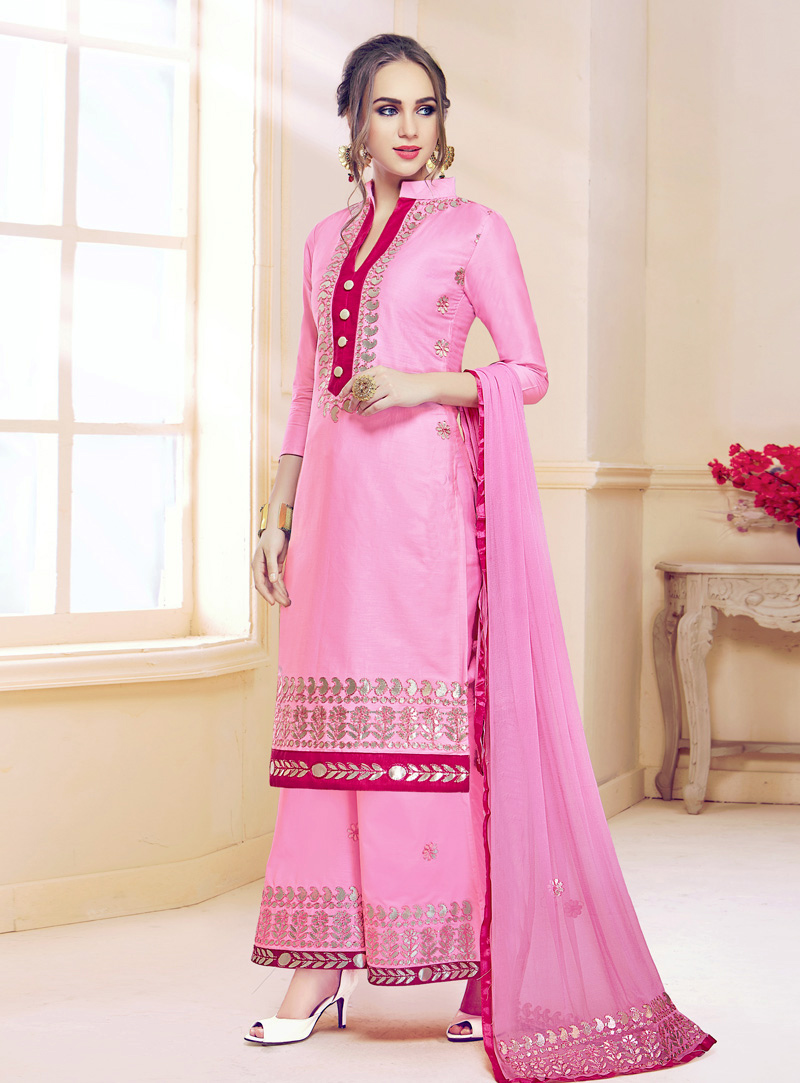 Pink Cotton Palazzo Style Suit 142272