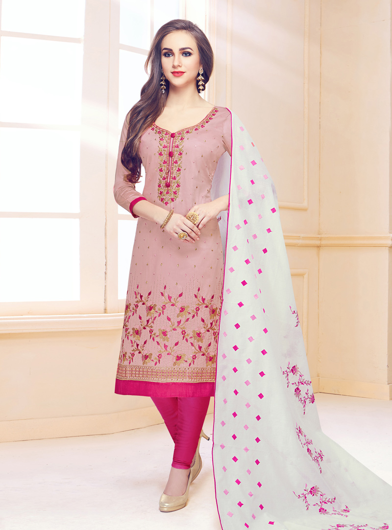 Pink Cotton Kameez With Churidar 142282