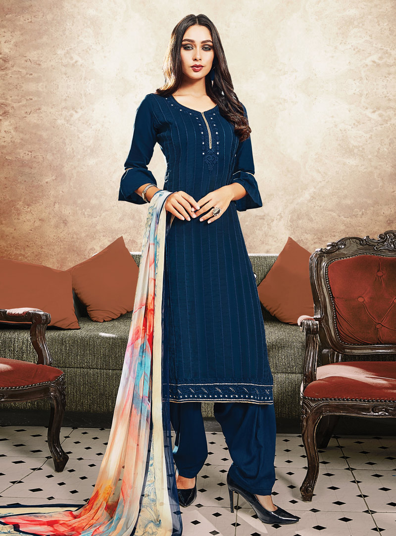 Navy Blue Satin Punjabi Suit 142409