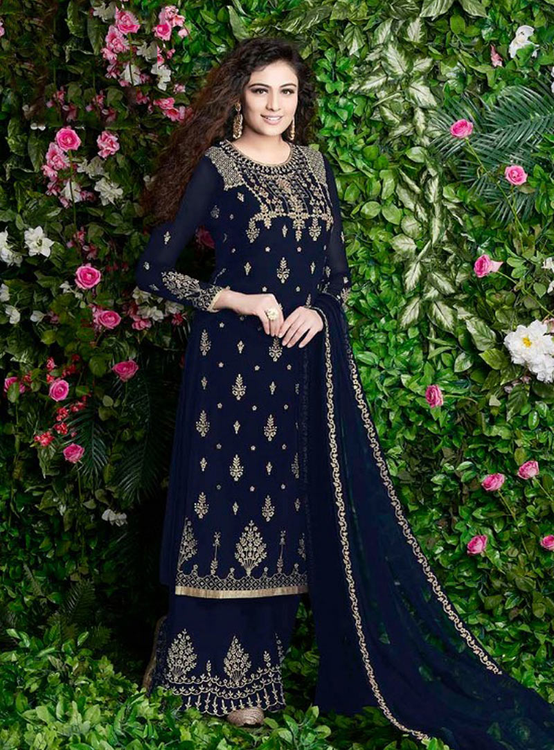 Navy Blue Georgette Palazzo Style Suit 143543