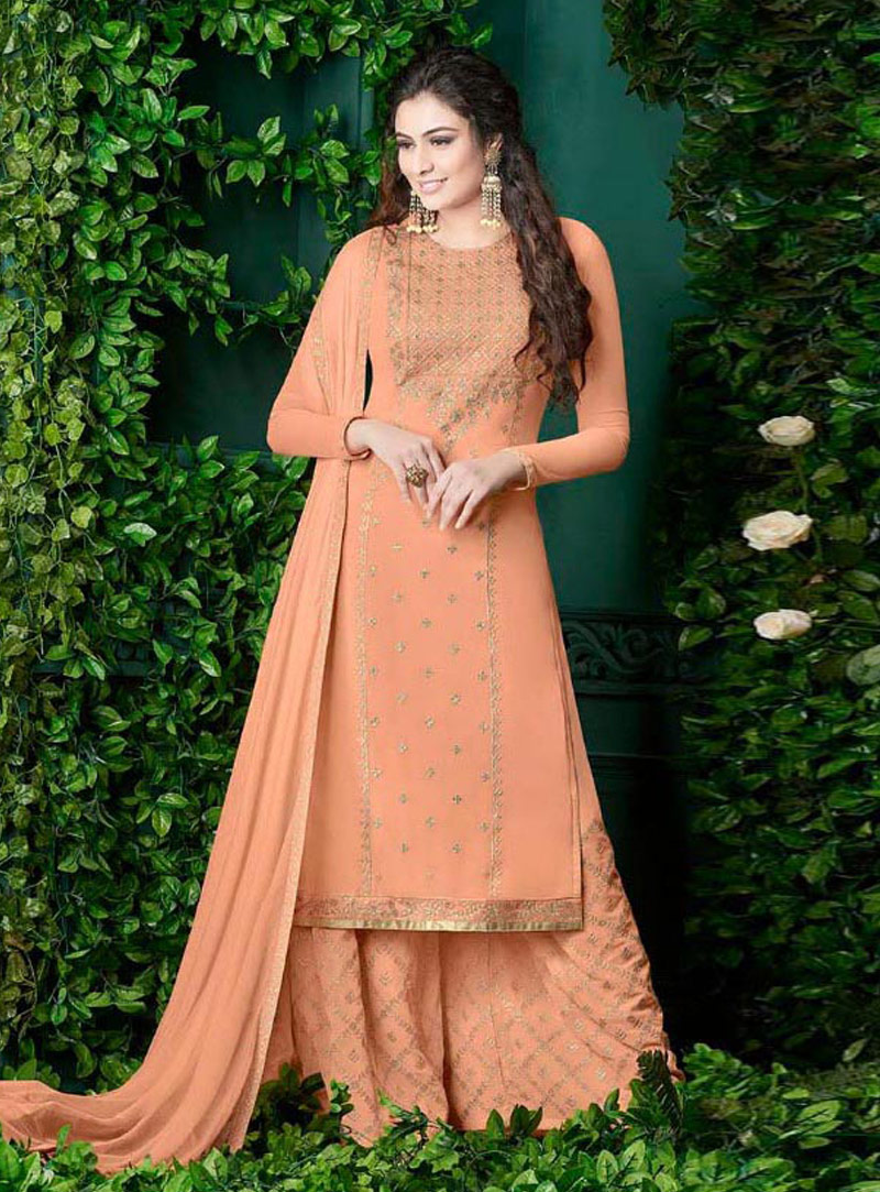 Peach Georgette Kameez With Palazzo 143544