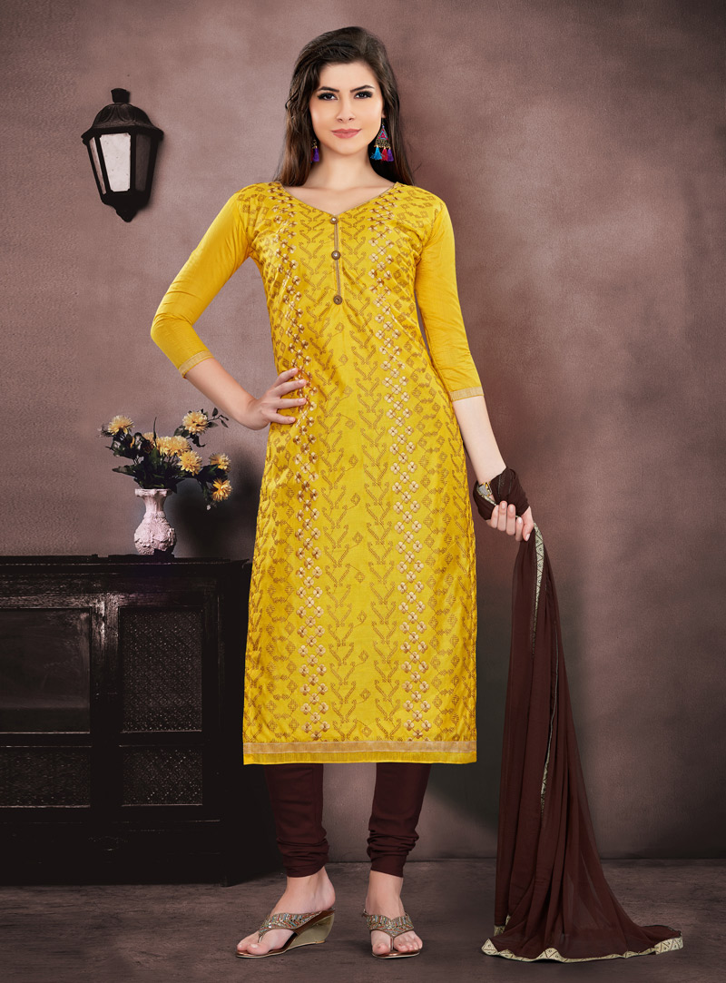Yellow Chanderi Churidar Suit 143860