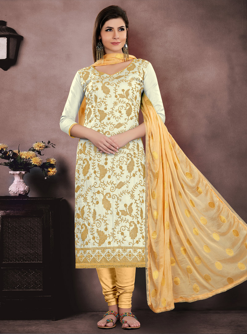 Cream Cotton Churidar Salwar Kameez 143861