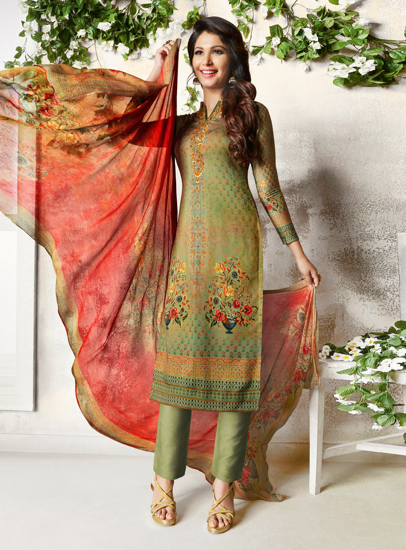 Green Cotton Pakistani Style Suit 143891