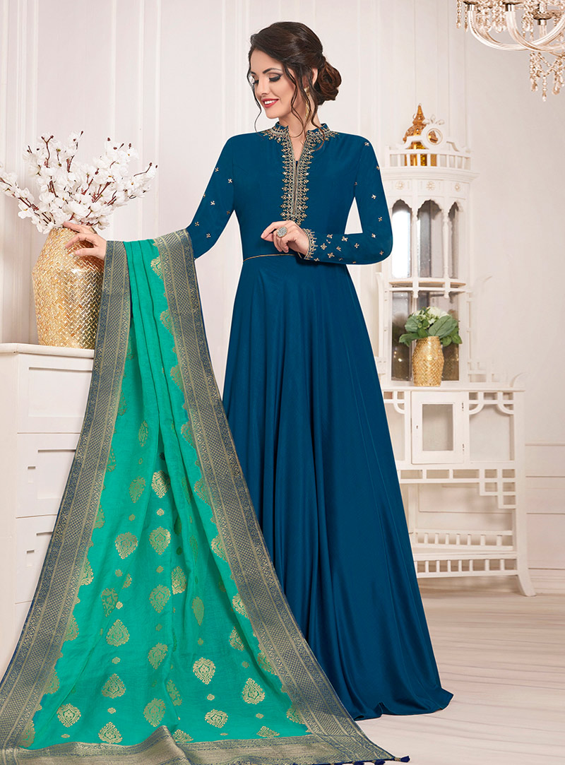 Blue Silk Long Anarkali Suit 144822