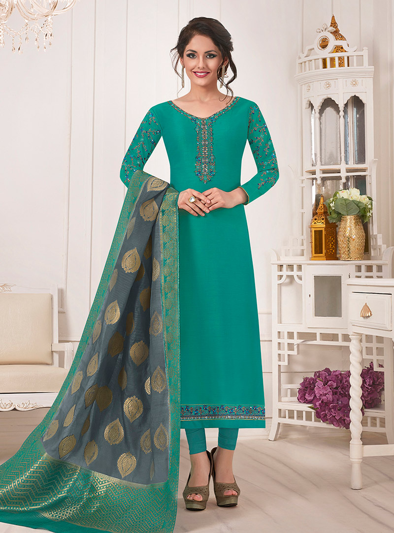 Turquoise Silk Churidar Suit 144825