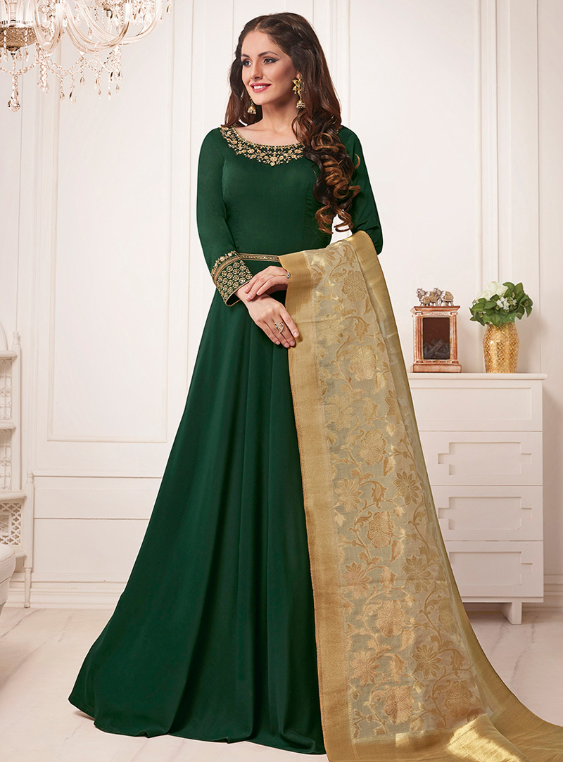 Green Silk Long Anarkali Suit 144826