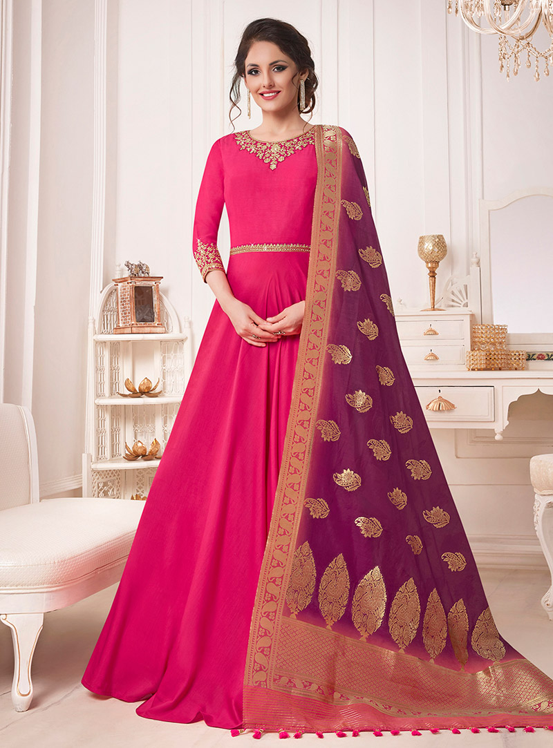 Magenta Silk Floor Length Anarkali Suit 144827