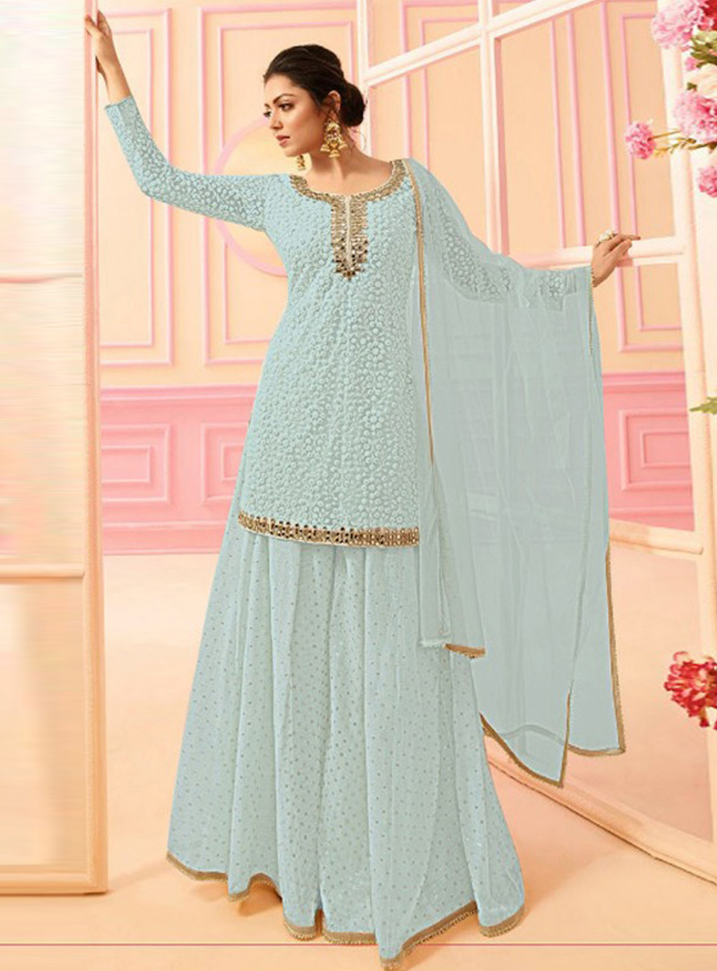 Drashti Dhami Sky Blue Georgette Sharara Style Suit 146115