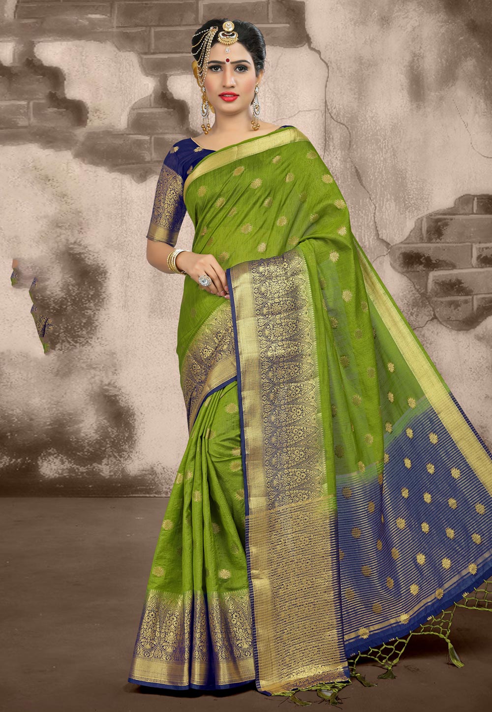 Green Linen Saree With Blouse 154034