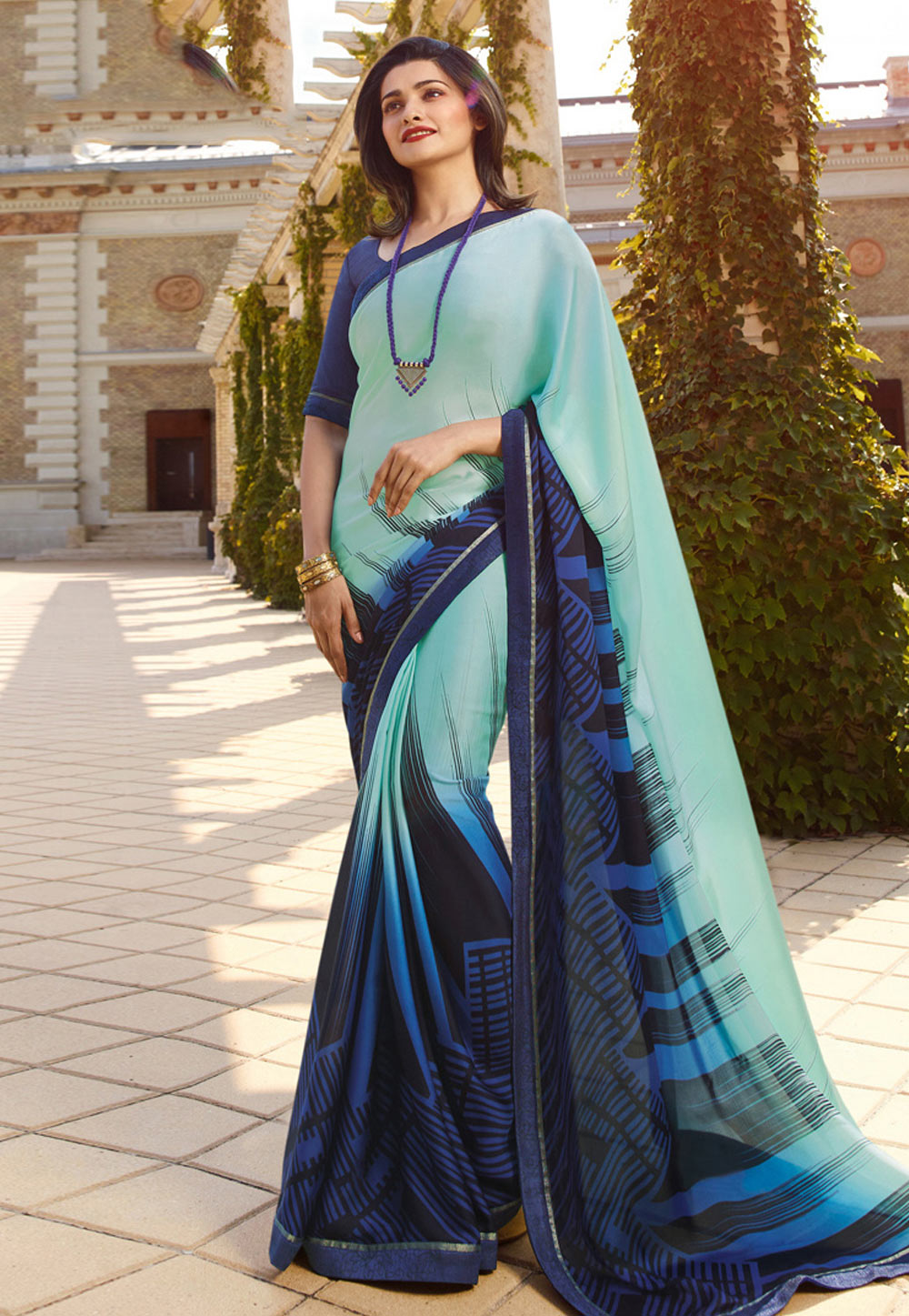 Prachi Desai Sky Blue Georgette Printed Saree With Blouse 153964