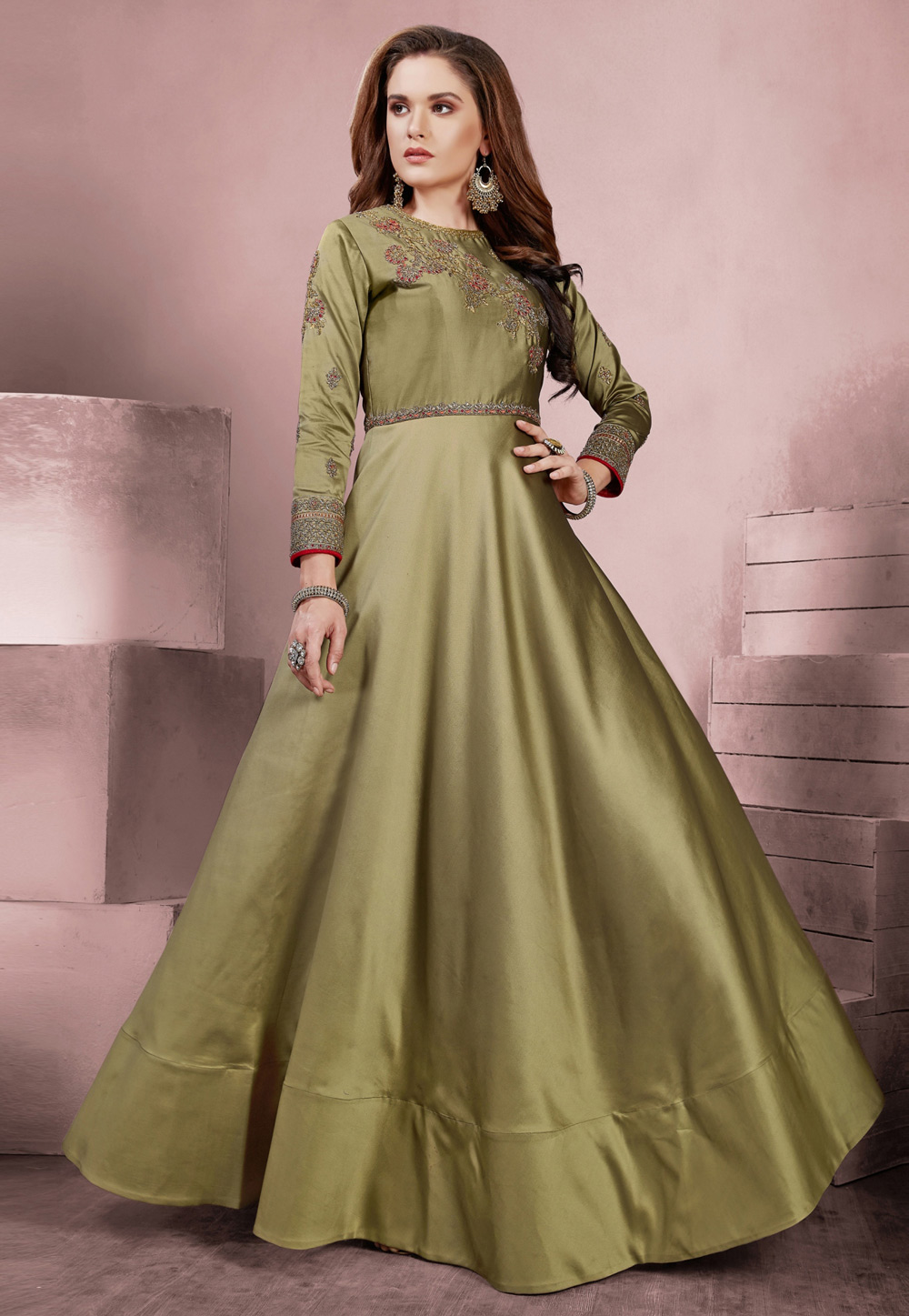 Olive Green Taffeta Readymade Party Wear Gown 155020