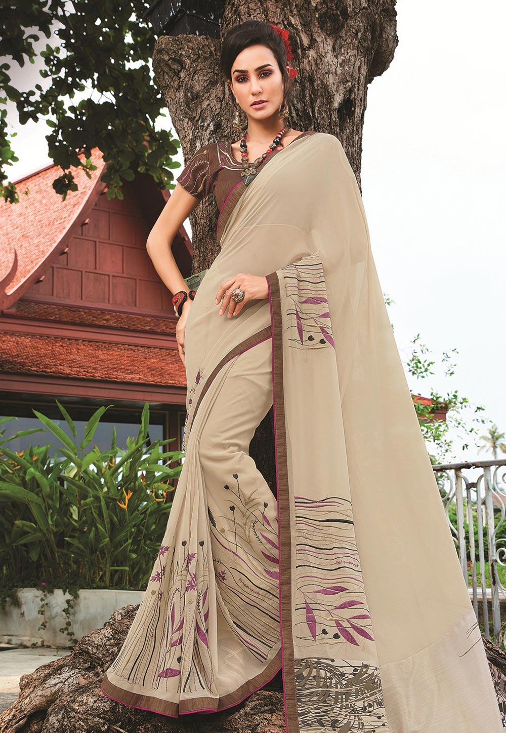 Beige Georgette Printed Saree With Blouse 155766