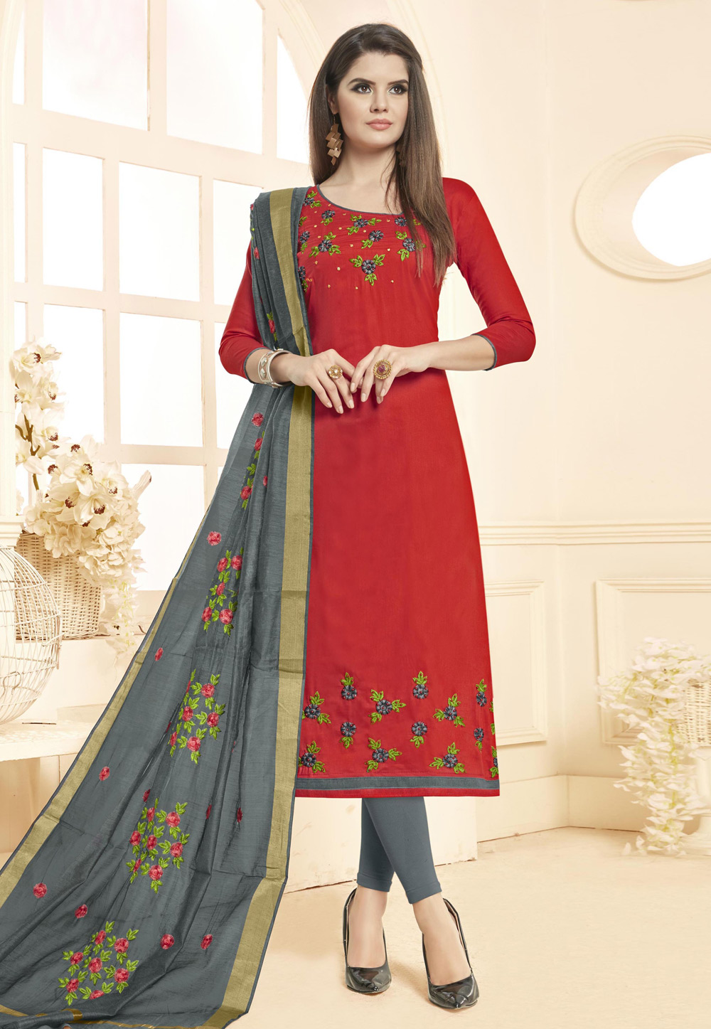 Red Cotton Kameez With Pant 155998