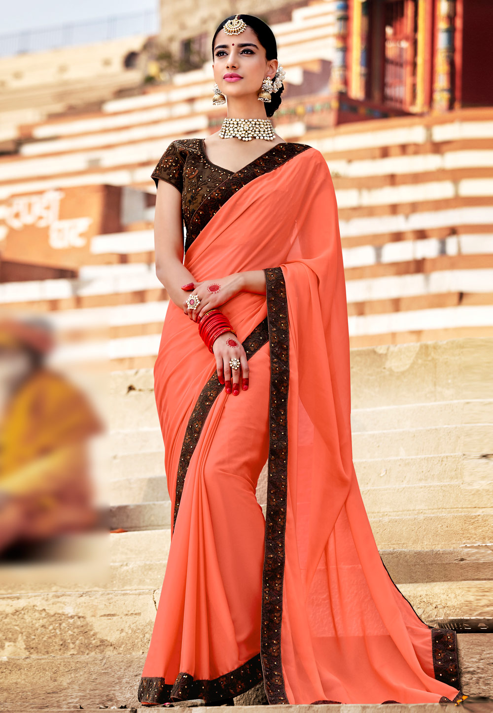 Dark Peach Georgette Festival Wear Saree 156659