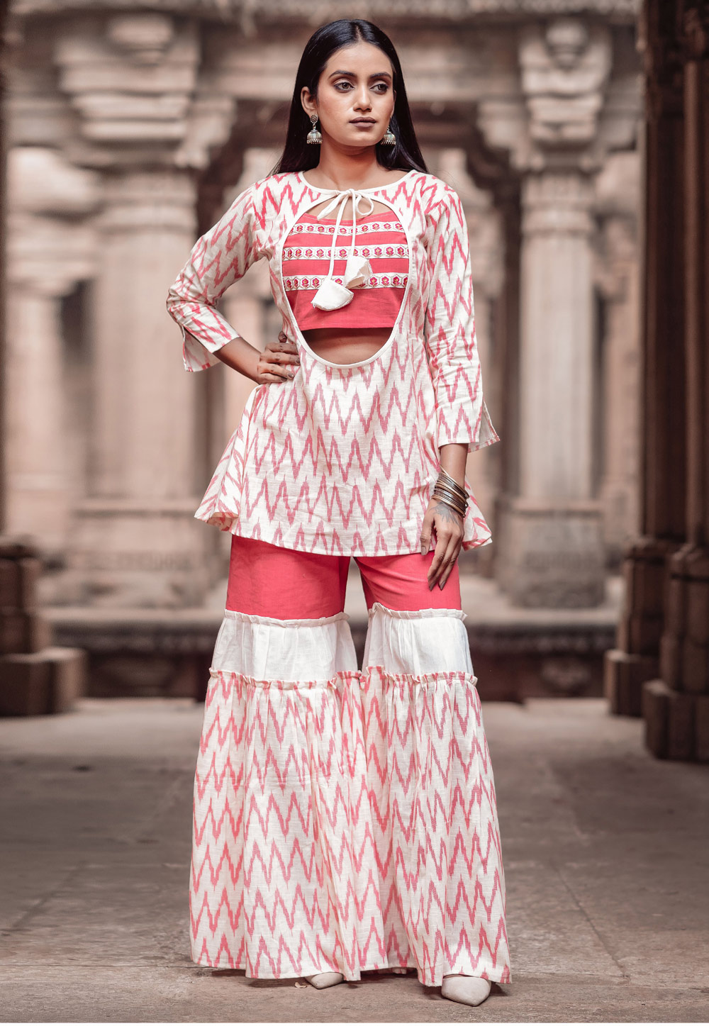 Off White Cambric Cotton Readymade Sharara Style Suit 157357