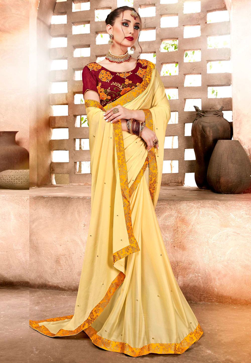 Light Yellow Satin Saree With Blouse 157351