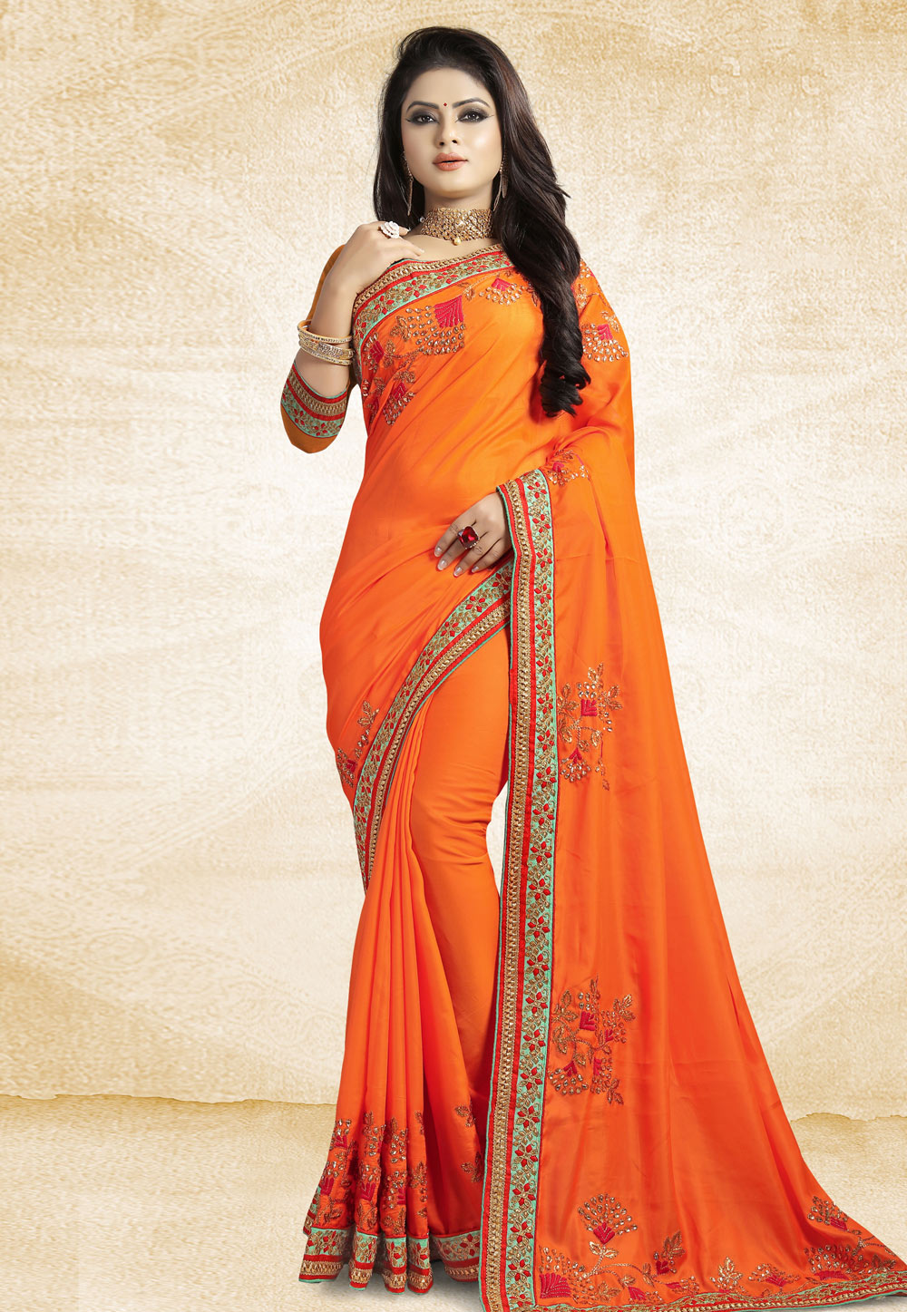 Orange Satin Embroidered Festival Wear Saree 162367