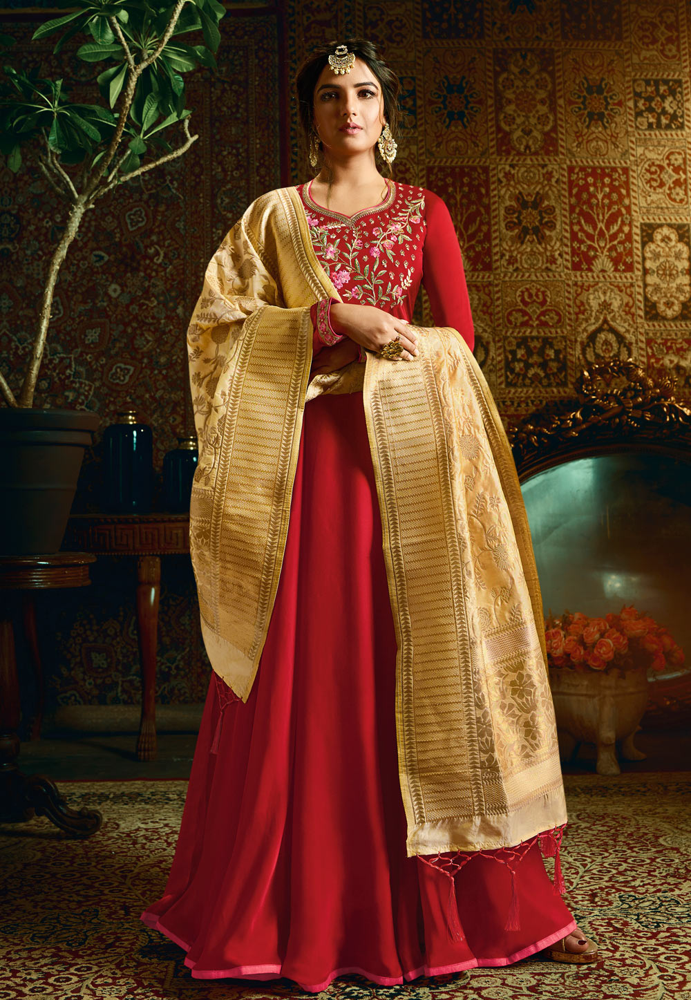 Red Satin Embroidered Long Anarkali Suit 162714