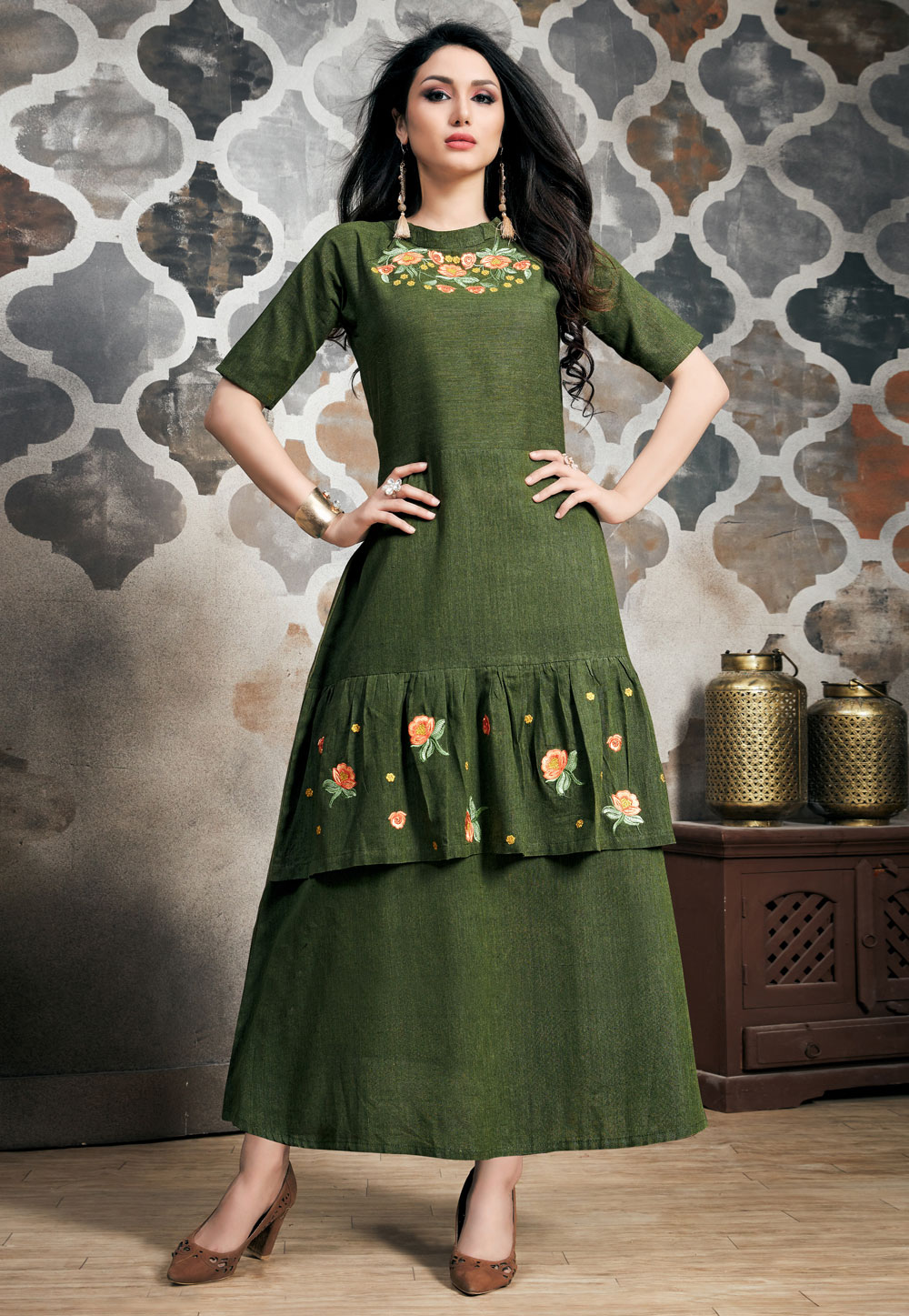 Green Readymade Layered Gown 163434
