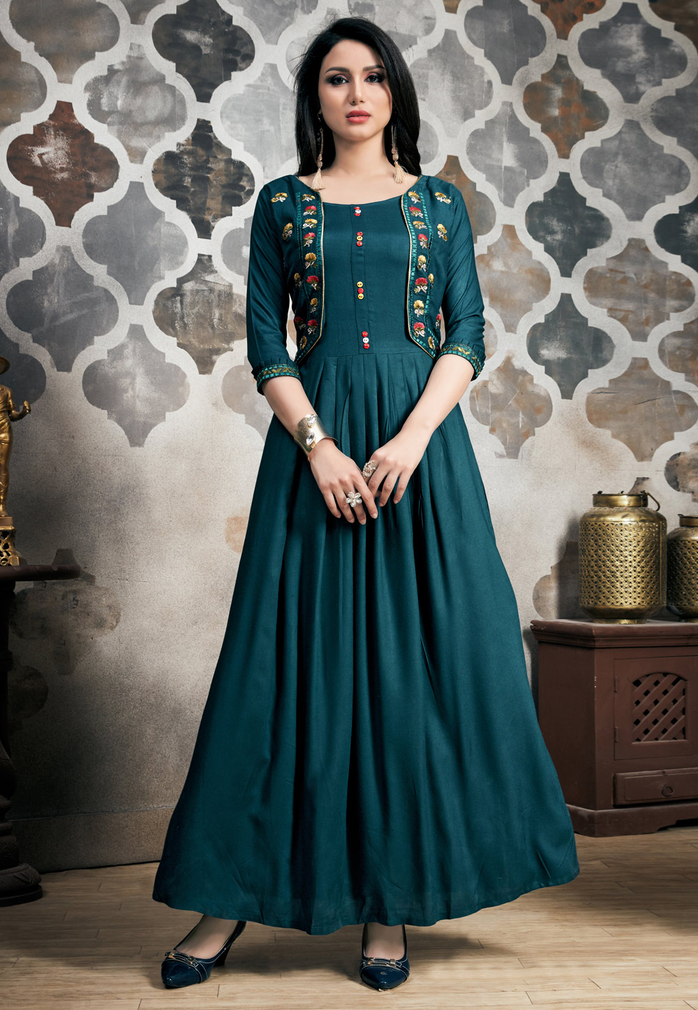 Teal Readymade Gown With Jacket 163435