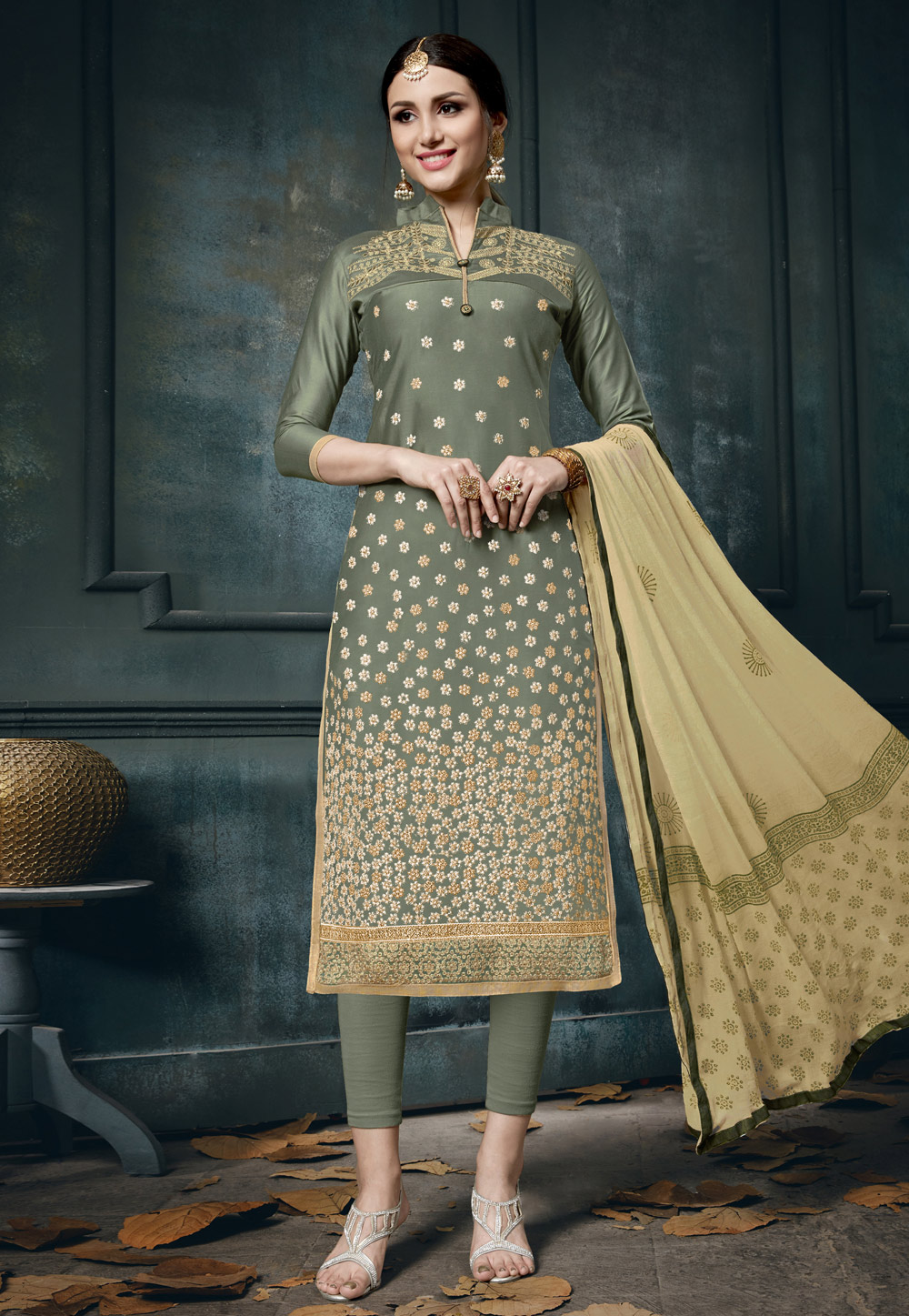 Olive Green Cotton Kameez With Pant 163503