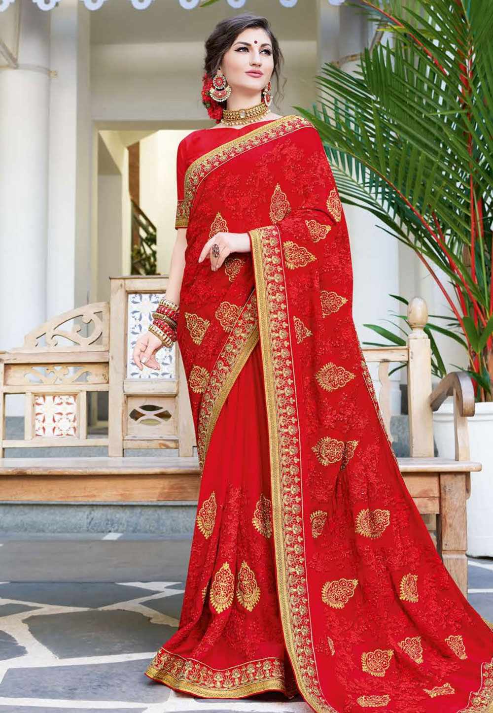 Red Georgette Embroidered Festival Wear Saree 165851