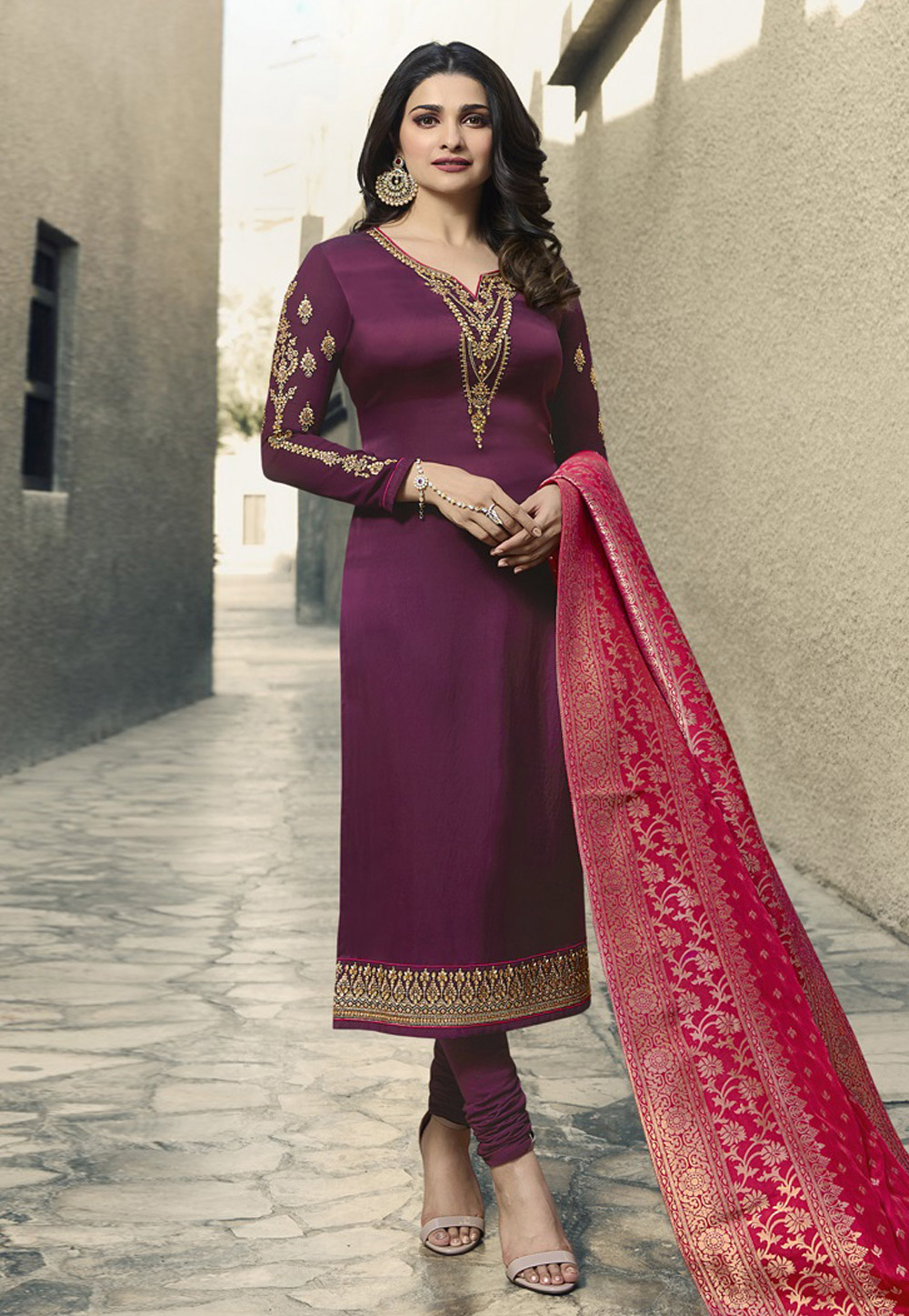 Prachi Desai Purple Satin Embroidered Bollywood Suit 166500