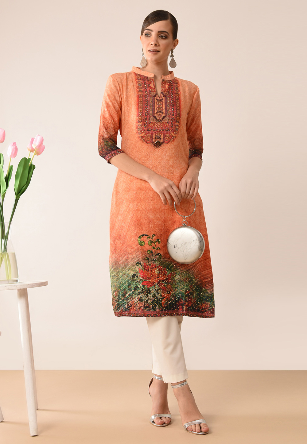 Orange Crepe Printed Readymade Tunic 167515