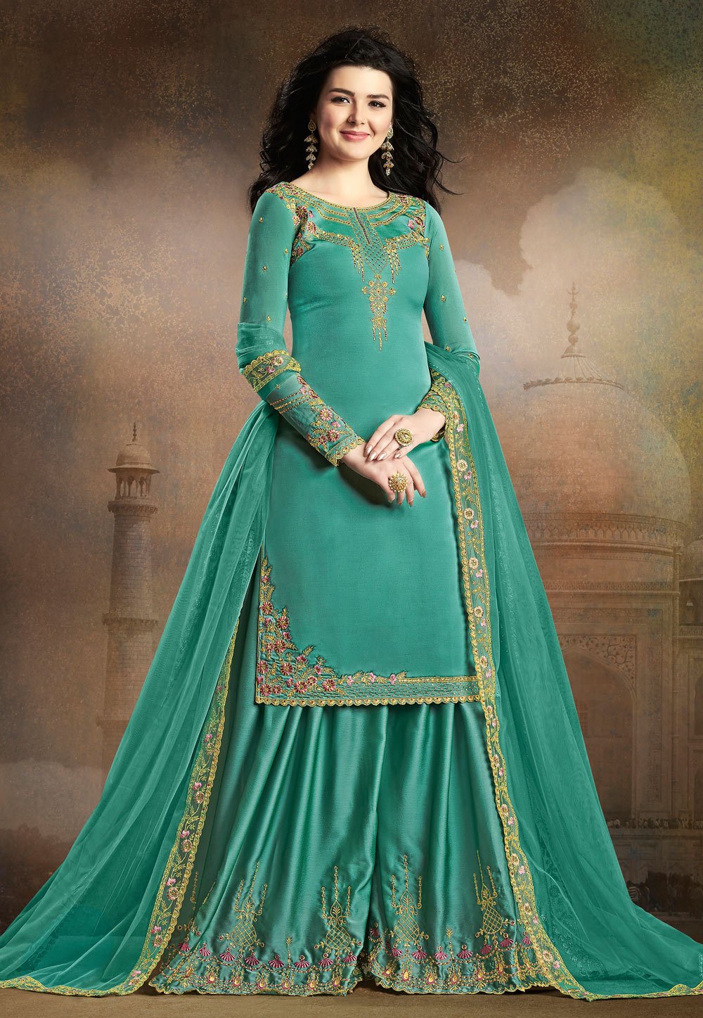 Sea Green Silk Embroidered Kameez With Palazzo 168021