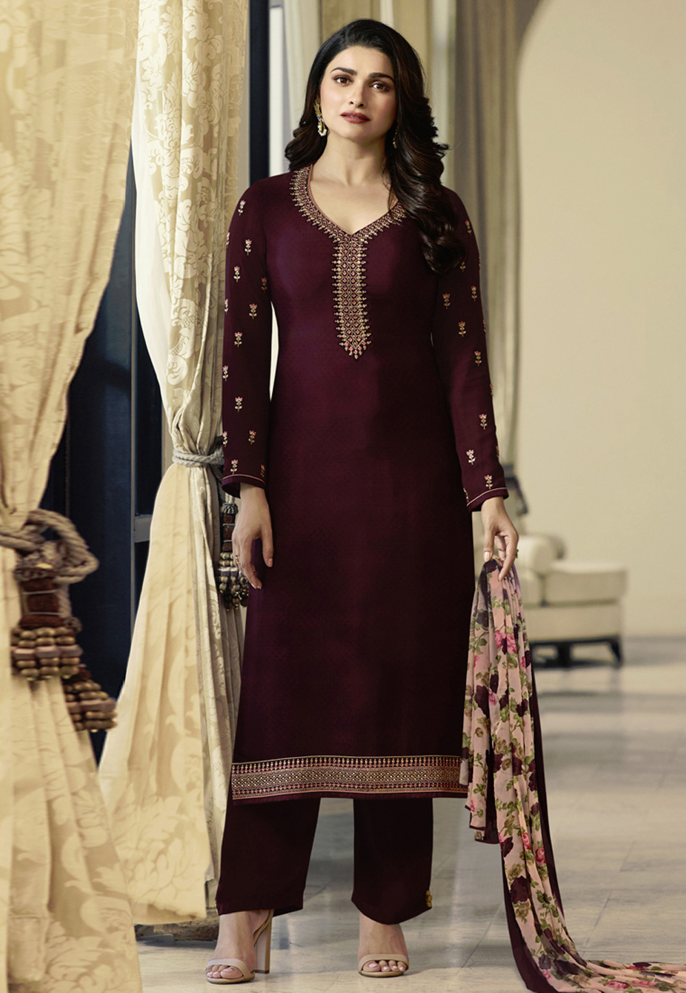 Prachi Desai Wine Crepe Embroidered Pant Style Suit 169520