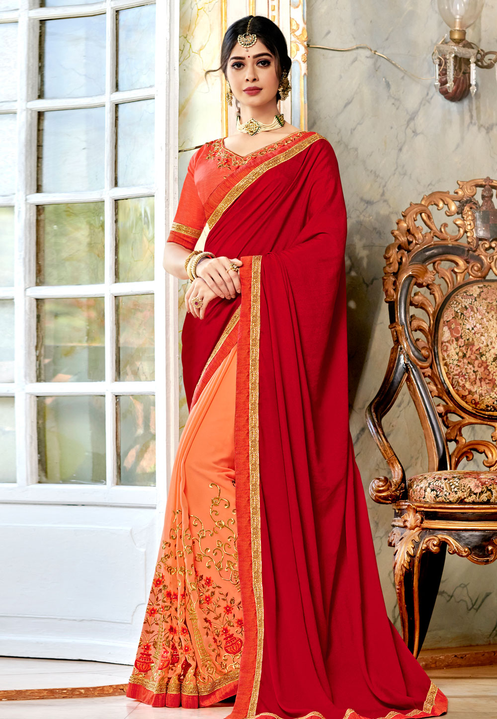 Red Silk Embroidered Half and Half Saree 169656
