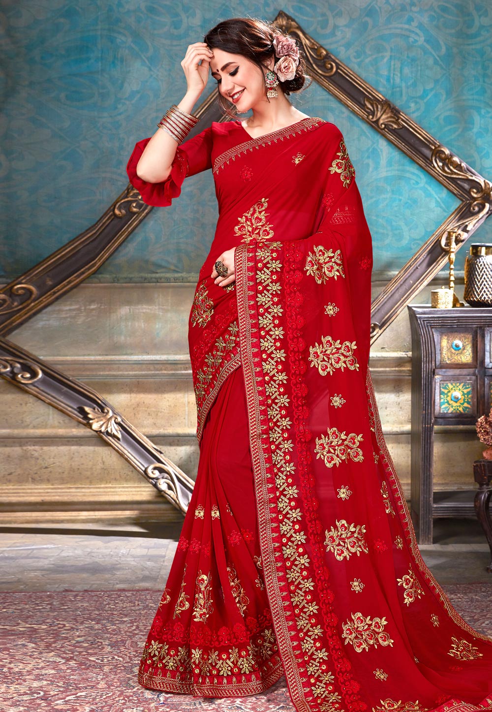 Red Georgette Embroidered Festival Wear Saree 172665