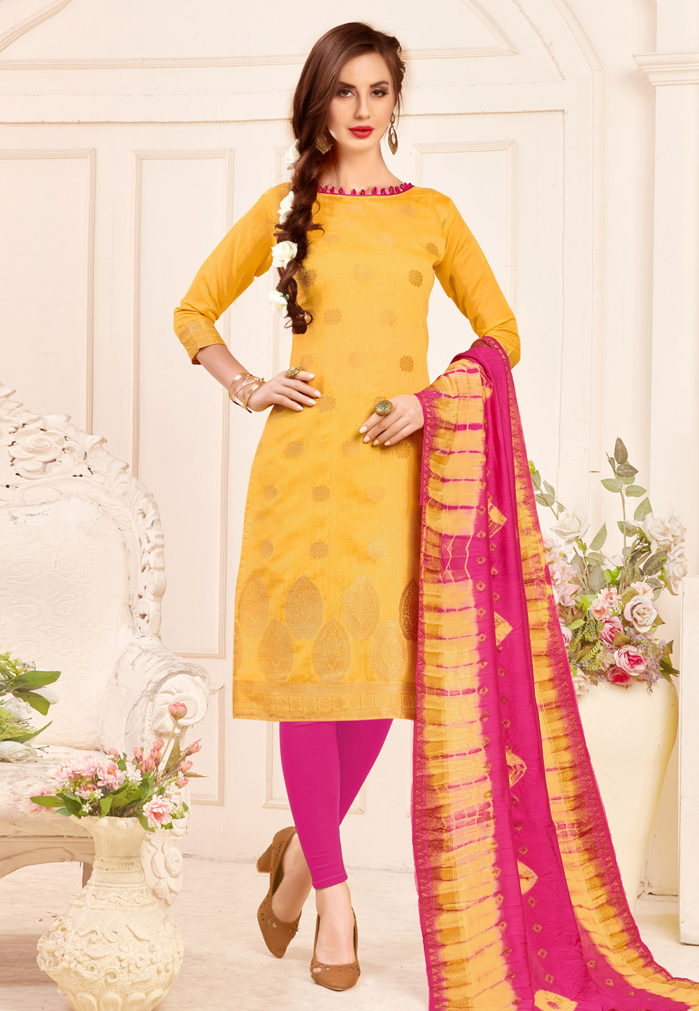 Yellow Banarasi Churidar Suit 175651