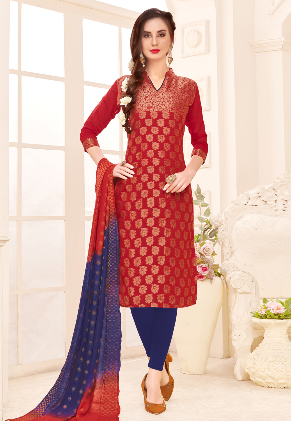 Red Banarasi Churidar Suit 175657